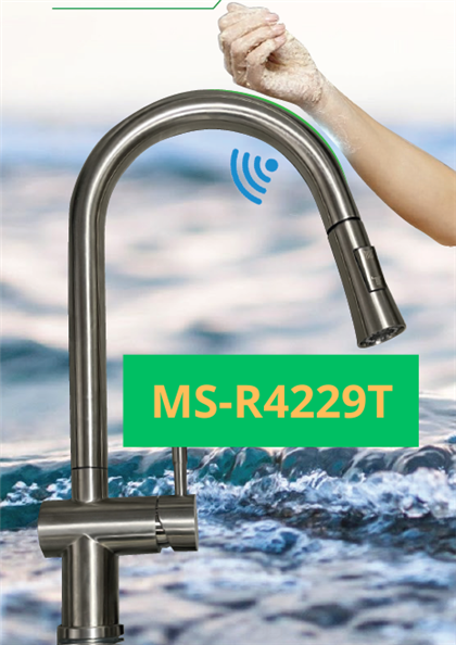 MS-R4229T Vòi nước dây rút cao cấp SUS304 xước mờ 2 đường nóng lạnh, vòi xoay 360 độ, cảm ứng chạm.