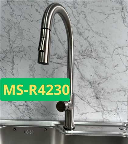 MS-R4230: Vòi nước dây rút cao cấp SUS304 xước mờ 2 đường nóng lạnh, vòi xoay 360 độ, khóa chếch.