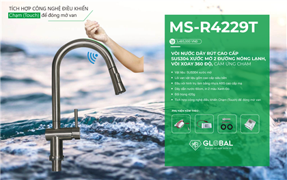 Vòi nước dây rút cao cấp SUS304 xước mờ 2 đường nóng lạnh, vòi xoay 360 độ, cảm ứng chạm: MS-R4229T