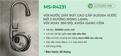 Vòi nước dây rút cao cấp SUS304 mạ Nano 2 đường nóng lạnh, vòi xoay 360 độ, khóa dạng côn: MS-R4231