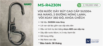 Vòi nước dây rút cao cấp SUS304 mạ Nano 2 đường nóng lạnh, vòi xoay 360 độ khóa chếch: MS-R4230N