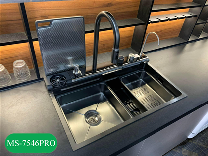 Chậu rửa nhà bếp 1 hố phủ Nano kháng khuẩn. Combo vòi thác phím đàn, hiển thị nhiệt độ nước: MS-7546 PRO