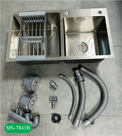 Chậu rửa nhà bếp 2 hố lệch, phủ Nano kháng khuẩn: MS-7843B